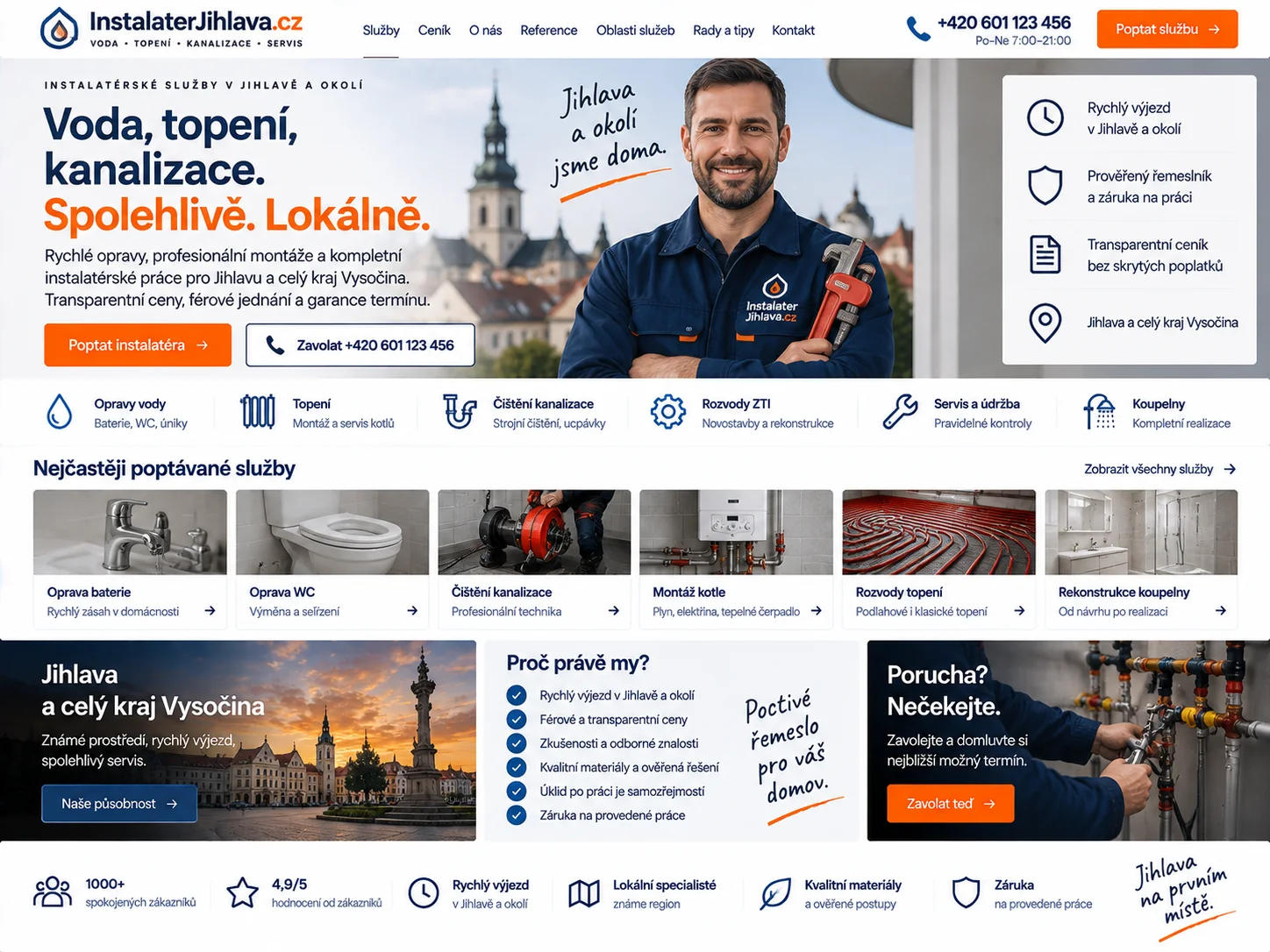 Ilustrační návrh webu InstalaterJihlava.cz v modré a oranžové s nabídkou instalatérských služeb